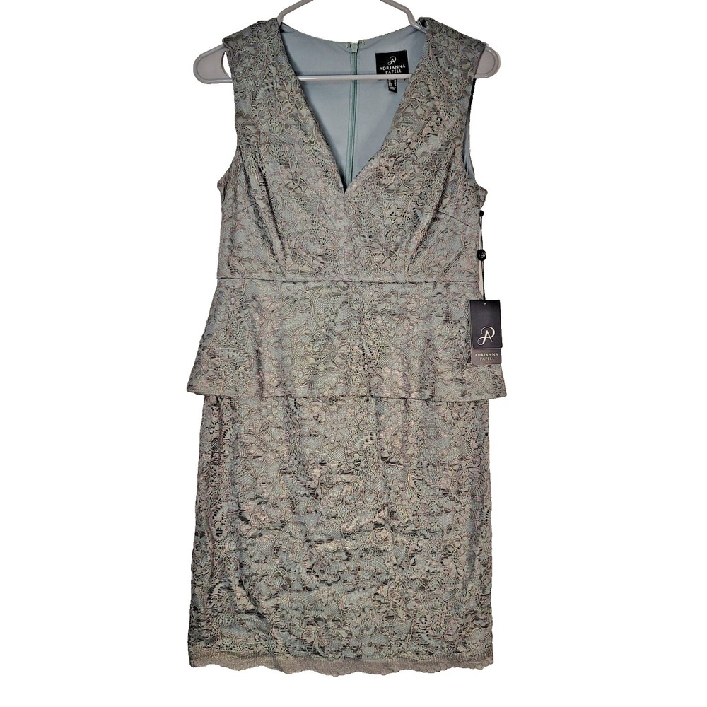 Adrianna Papell Dress Womens 10 Sage Green Peplum Lace Sheath V Neck Cocktail